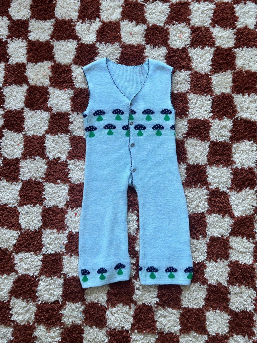 Vintage 70s Light Blue Knit Baby One-Piece Mushroom Romper